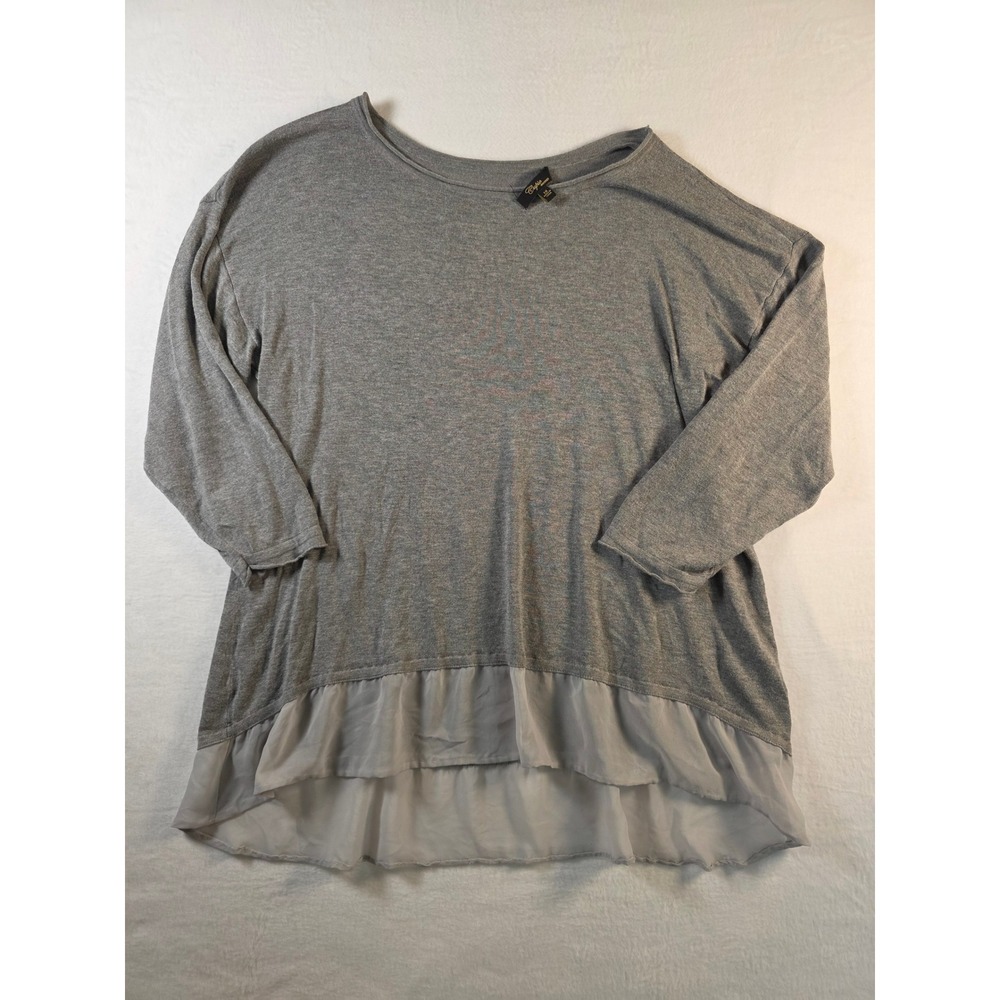 Knit Top Chiffon Hem Layered‎ 3/4 Sleeve 1X Gray Plus Size Casual Chic Lagenlook
